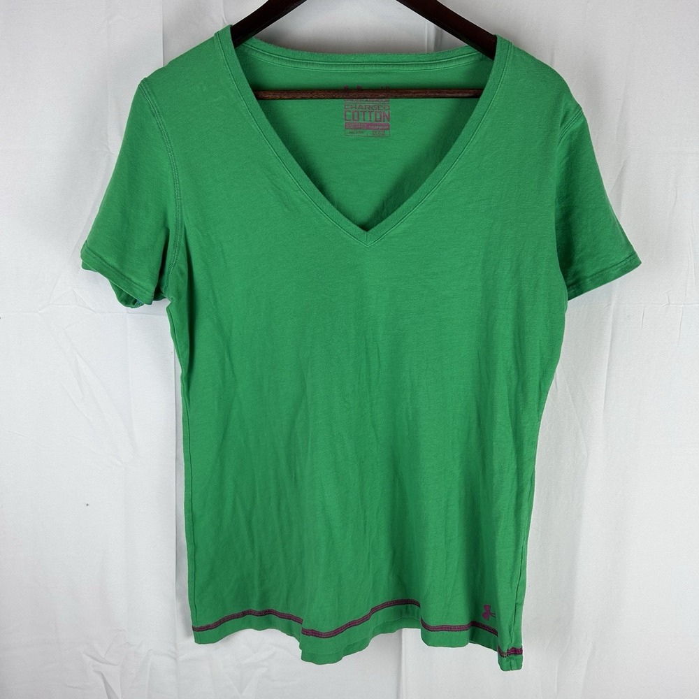 Under Armour Womens Top Large Green Semi Fitted Heat Gear Charged Cotton Shirt